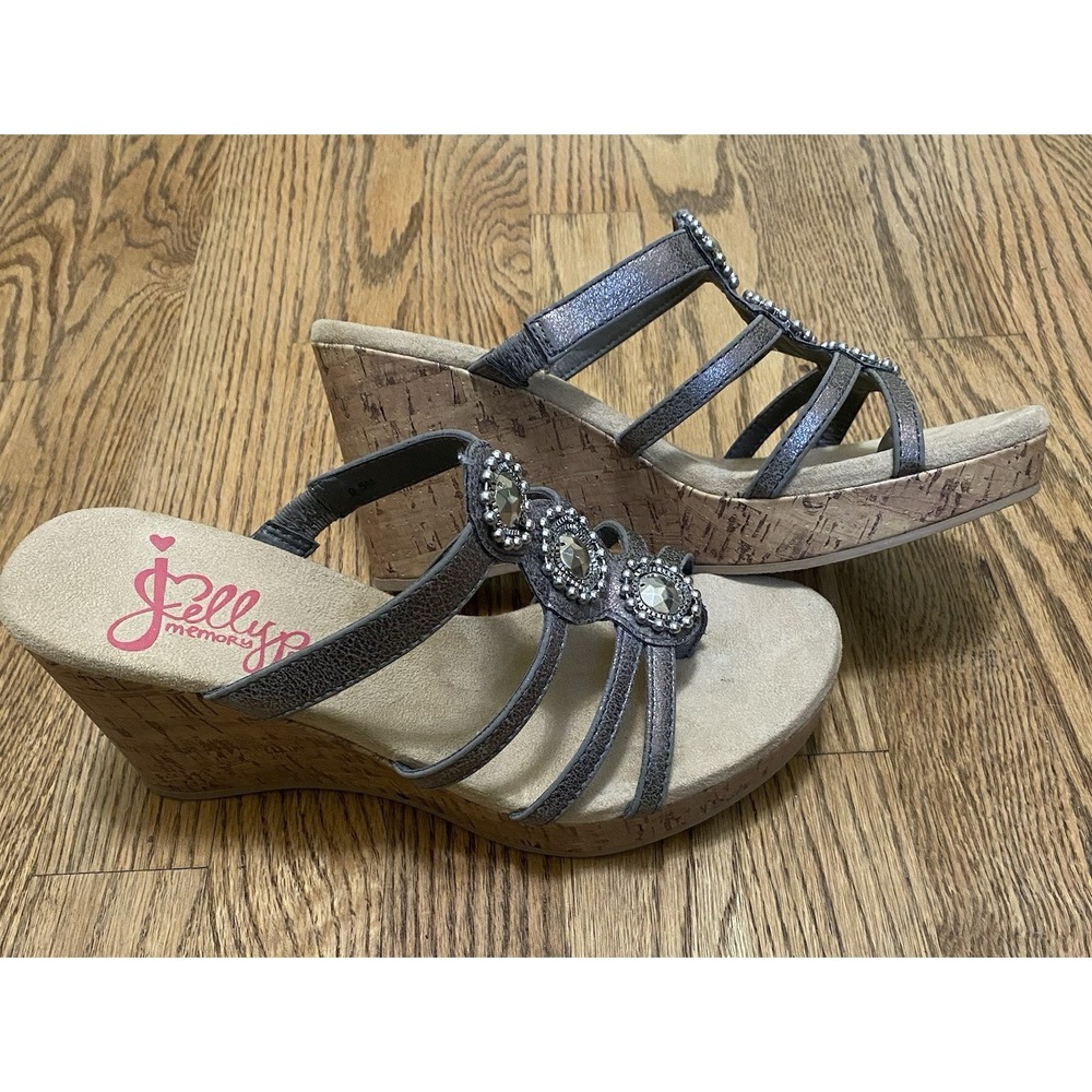Jellypop Madeline Silver Rhinestone Wedge Sandal Size 9.5